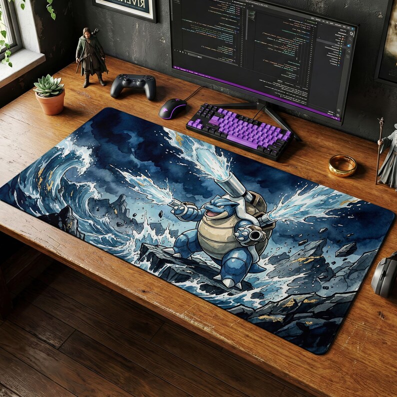Puede incluir: Alfombrilla de rat&oacute;n para juegos rectangular con una ilustraci&oacute;n del personaje Blastoise en azul. La obra de arte representa a Blastoise disparando agua desde sus ca&ntilde;ones, sobre un fondo de olas oce&aacute;nicas y terreno rocoso. La alfombrilla est&aacute; dise&ntilde;ada para uso inform&aacute;tico.