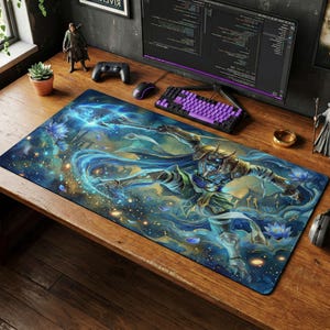 May include: A rectangular gaming mouse mat with a fantasy warrior design in blue, gold, and green. The artwork shows a character with a spear amidst swirling water and lotus flowers. The mouse mat is on a wooden desk with a keyboard and monitor.