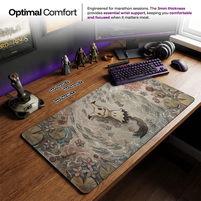 Mimikyu Cottagecore Desk Mat, Pokemon Watercolor Mouse Pad, Spooky Cute Ghost Type Keyboard Pad, Cozy Earthy Gaming Setup and Chair Mat