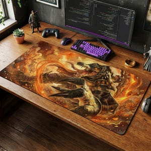 May include: A rectangular mouse mat with a detailed illustration of a dragon in a fiery setting. The dragon has sharp claws and teeth, surrounded by flames and smoke. The mat is on a wooden desk with a keyboard and mouse.