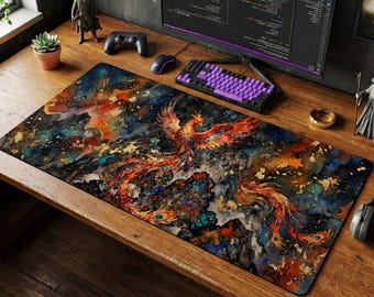 Phoenix Watercolor Desk Mat, Gold Fire Bird Mouse Pad, Fantasy Art PC Setup Accessories