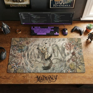 Mimikyu Cottagecore Desk Mat, Pokemon Watercolor Mouse Pad, Spooky Cute Ghost Type Keyboard Pad, Cozy Earthy Gaming Setup and Chair Mat