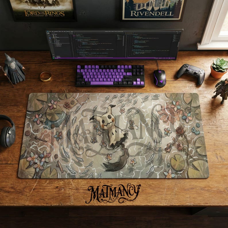 Mimikyu Cottagecore Desk Mat, Pokemon Watercolor Mouse Pad, Spooky Cute Ghost Type Keyboard Pad, Cozy Earthy Gaming Setup and Chair Mat