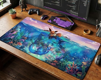 Tapete de mesa Eevee Vaporeon com cena subaquática, mousepad para jogos de anime.