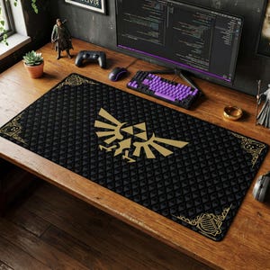 May include: Black rectangular desk mat with a gold emblem and decorative border. The mat has a repeating geometric pattern. A computer keyboard, mouse, and other accessories are on the wooden desk.