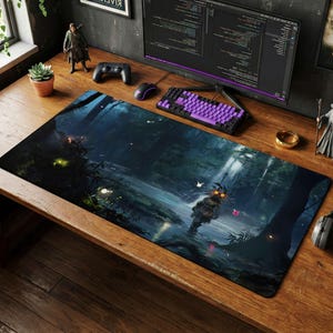 May include: A rectangular desk mat featuring a dark, atmospheric forest scene with a central creature wearing a mask with glowing yellow eyes, surrounded by small floating lights in shades of blue, green, and pink, set against a deep forest background.