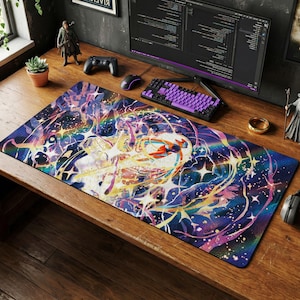Deoxys Pokemon Cosmic Large Desk Mat, Vibrant Space Gaming Mouse Pad, Retro Starry Playmat, Chair Mat for Anime Desk Setup