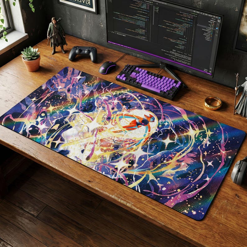 Deoxys Pokemon Cosmic Large Desk Mat, Vibrant Space Gaming Mouse Pad, Retro Starry Playmat, Chair Mat for Anime Desk Setup
