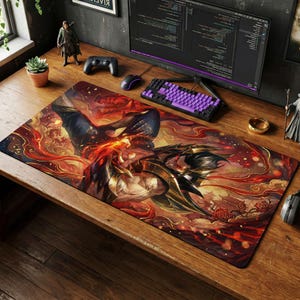 May include: A large rectangular gaming mouse pad featuring a detailed illustration of a character in a dynamic pose, with a fiery red and orange background. The pad is placed on a wooden desk, alongside a keyboard, mouse, and other accessories.