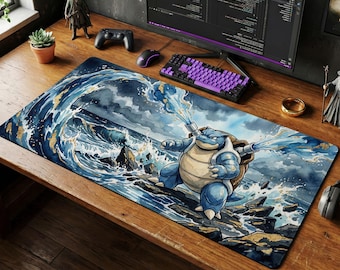 Blastoise Desk Mat, Pokemon Water Art Mouse Pad, Large Gaming Chair Mat, Ukiyo-e Anime PC Setup Accessories