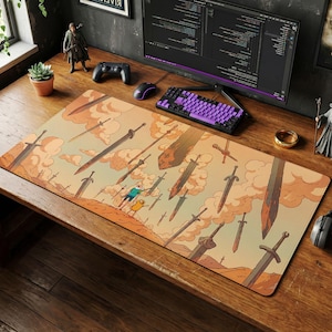May include: A rectangular desk mat with a cartoon landscape design. The mat features a tan background with swords and clouds. A character in a blue shirt and yellow shorts is running through the scene.