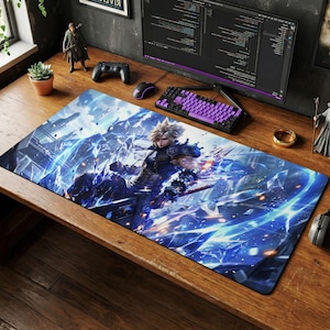 May include: A large rectangular gaming mousepad featuring a dynamic illustration of a character with spiky blonde hair, set against a backdrop of blue and white shards. The mousepad is placed on a wooden desk, with a keyboard and mouse visible.