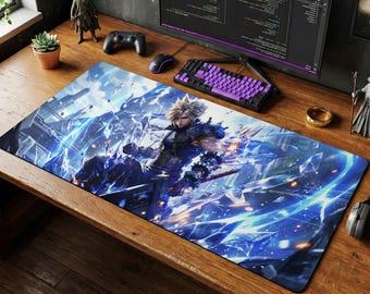 Cloud Strife Final Fantasy VII Desk Mat, Blue Energy Mouse Pad, RPG Keyboard Mat