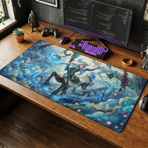 May include: A rectangular desk mat featuring a vibrant fantasy illustration of a centaur-like figure with white hair, wearing green and gold armor, surrounded by swirling blue magical energy, floating open books, and glowing blue butterflies.