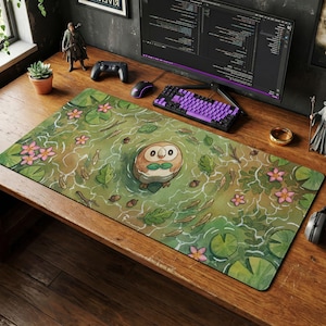 May include: A rectangular desk mat featuring a whimsical illustration of an owl in a pond. The design includes pink flowers, green lily pads, and small fish. The mat is designed for use with a computer and mouse.