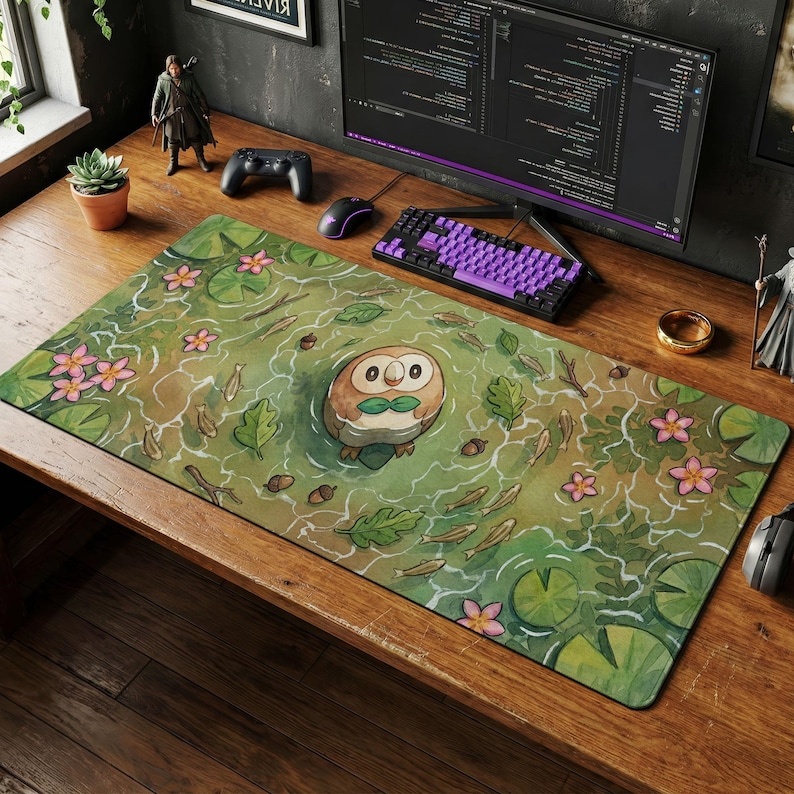 May include: A rectangular desk mat featuring a whimsical illustration of an owl in a pond. The design includes pink flowers, green lily pads, and small fish. The mat is designed for use with a computer and mouse.