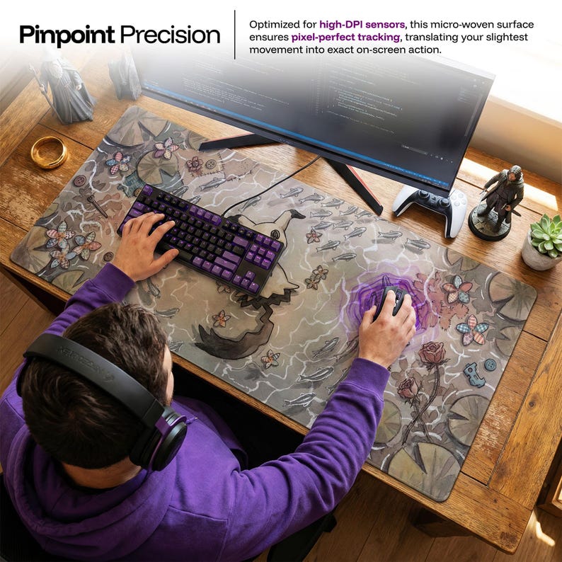 Mimikyu Cottagecore Desk Mat, Pokemon Watercolor Mouse Pad, Spooky Cute Ghost Type Keyboard Pad, Cozy Earthy Gaming Setup and Chair Mat