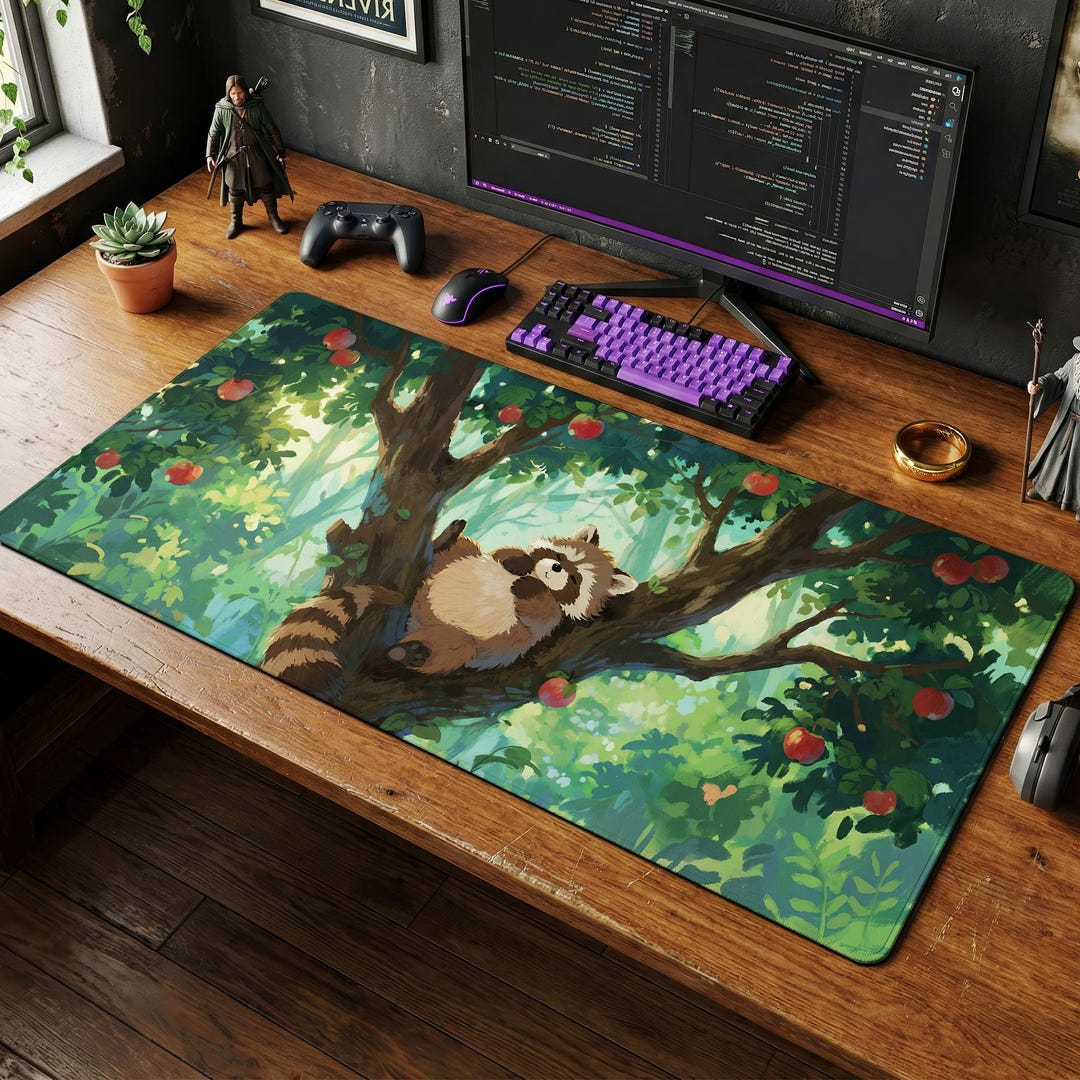 Raccoon Apple Tree Desk Mat, Cozy Woodland Illustration, Cottagecore ...