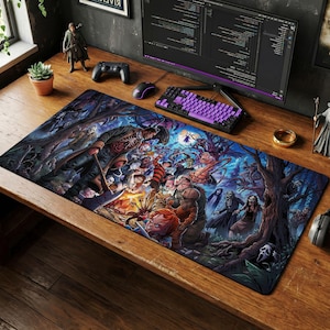 Può includere: Tappetino per mouse rettangolare con un'illustrazione colorata di personaggi di film horror in un ambiente forestale. Il design include personaggi come Freddy Krueger e Chucky, su uno sfondo blu scuro e verde.
