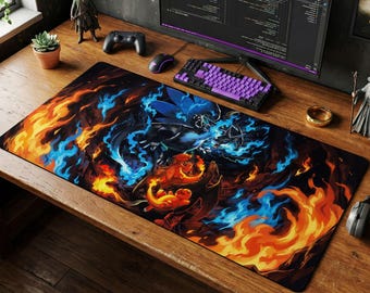 Mega Charizard X Desk Mat, Charmander Evolution Mouse Pad, Blue Fire Anime Gaming Setup, Pokemon Chair Mat