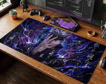 Satoru Gojo Schreibtischmatte, Dark Anime Mauspad, Cursed Energy Gaming Tastaturmatte