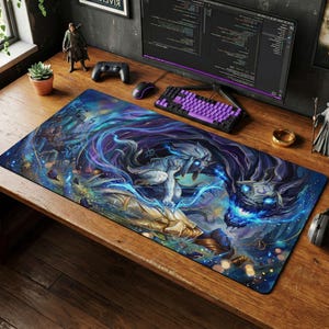 May include: A large rectangular mouse pad featuring a fantasy art design with a white and blue creature and a dark blue creature with glowing blue eyes. The design has a blue and purple color scheme.
