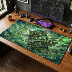 Könnte beinhalten: Rechteckiges Gaming-Mauspad mit einer grün-türkisfarbenen Illustration eines Charakters mit Brille und Waffe. Das Design hat ein Fantasy-Thema mit leuchtend grünen Akzenten und einem detaillierten, künstlerischen Stil. Das Mauspad liegt auf einem Holztisch.
