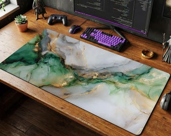 Green White Marble Mouse Pad | Luxe Desk Mat, Watercolor Art Office Decor