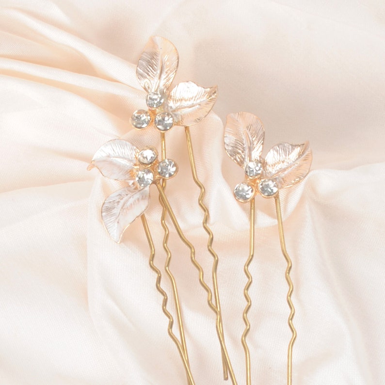 Bridal hair pins, Minimalist wedding hair pieces, Chic leaf hairpins, Rhinestone gold hair jewellery, Floral bobby pins, Bridesmaid headwear image 6