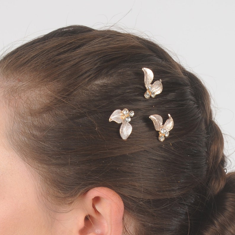Bridal hair pins, Minimalist wedding hair pieces, Chic leaf hairpins, Rhinestone gold hair jewellery, Floral bobby pins, Bridesmaid headwear image 4