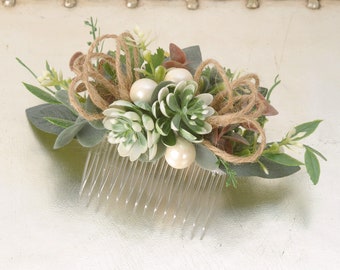 Rustic green leaf succulent headpiece, Floral hair comb, Bridal hair comb, Eucalyptus leaves wedding hair piece, Woodland bride haircomb