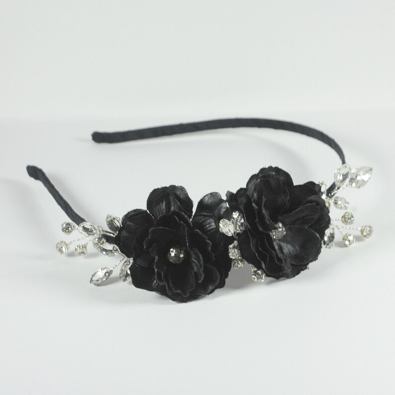 Black flower headband, Gothic bridal hair piece, Bridesmaid headpiece, Wedding tiara crown, Halloween party hairpiece, Head piece for bride image 7