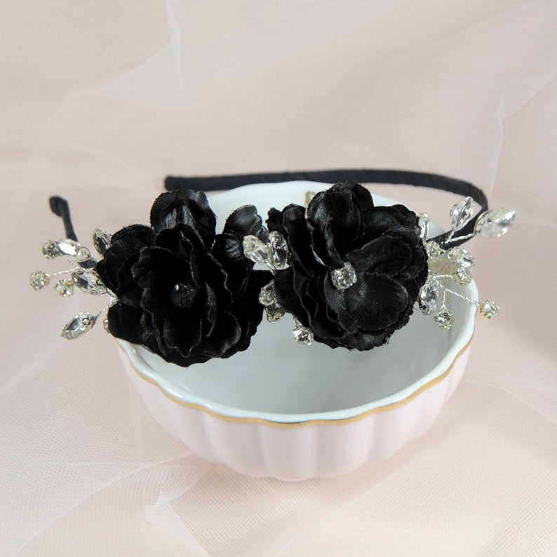 Black flower headband, Gothic bridal hair piece, Bridesmaid headpiece, Wedding tiara crown, Halloween party hairpiece, Head piece for bride image 10