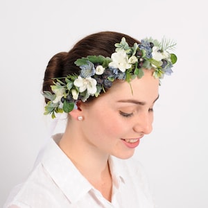 Blue floral crown, Flower crown for women weddings flower girls, Head piece bride, Woodland circlet wedding headband, Bridesmaid hair piece image 6