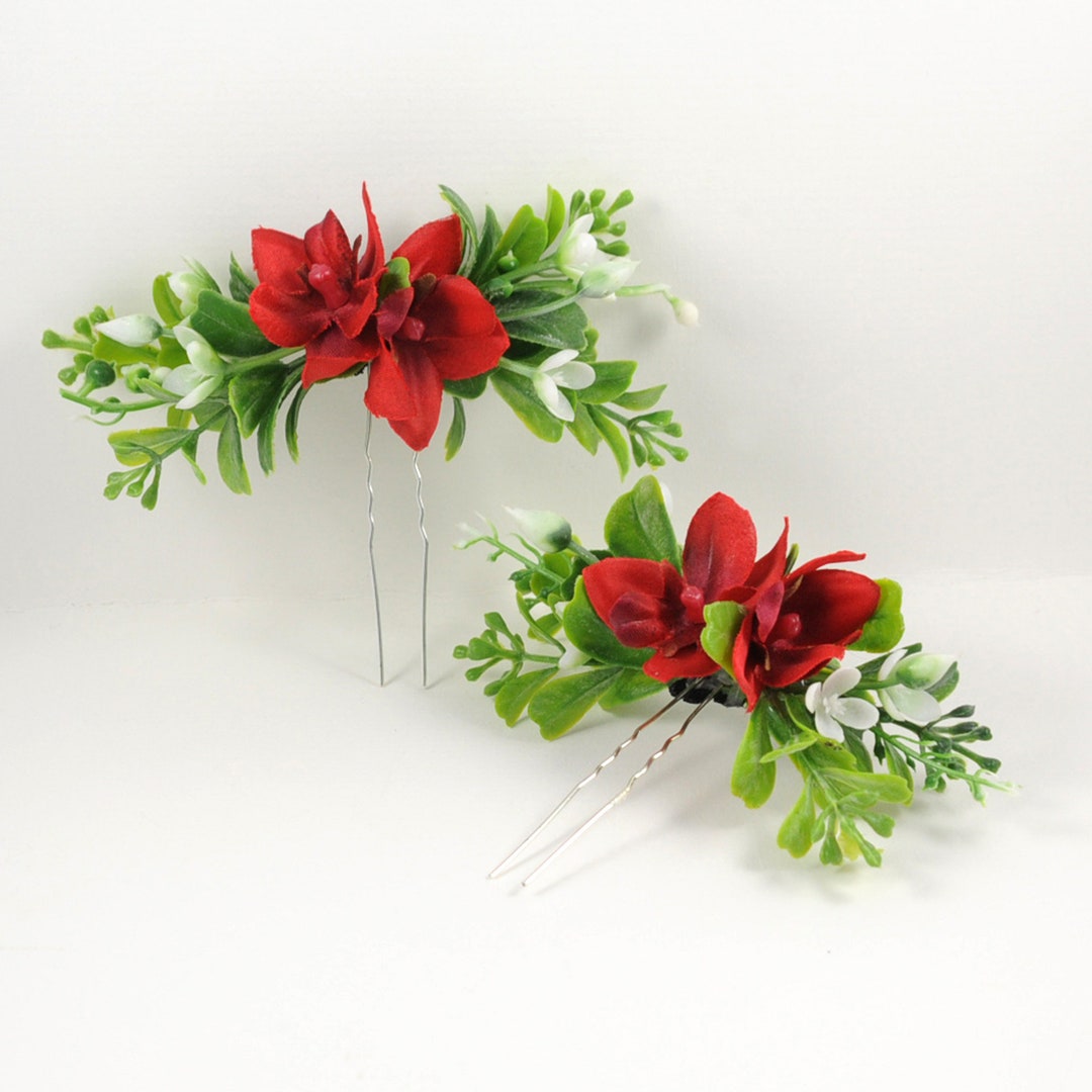 Eucalyptus Red Flower Hair Pins Christmas Wedding Pin Set Etsy Australia