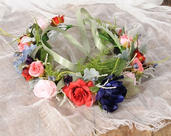 Wildflower headband, Flower crown wedding, Woodland circlet, Colorful bridal hair crown, Boho floral hair piece, Rustic flower headpiece