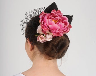 Black and pink fascinator, Floral headpiece, Tea party hat, Bridesmaid headdress, Womens peony flower head piece, Bridal wedding hair piece