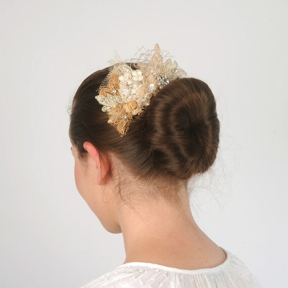 Lace Beaded Bridal Headpiece. Bridal Lace Comb. Elena Designs E268 - Organza lace beaded floral comb | Elena  main image 3