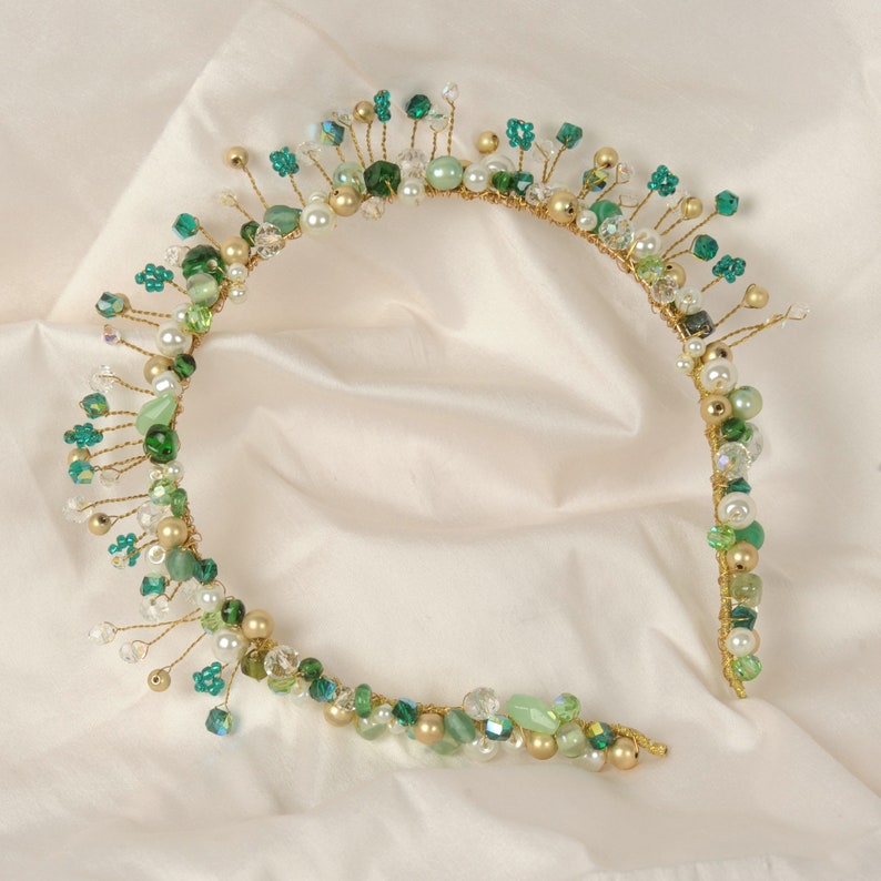 Green crystal headband, Beaded bridal tiara, Wedding hair jewellery, Emerald green goddess headpiece, Reign pearl renaissance bridal crown image 6
