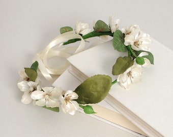 Vanilla white flower crown, Woodland bridal headband, Boho wedding circlet, Floral greenery hair piece, Bridesmaid headpiece ribbon ties