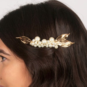 Pearl bridal hair comb, Wedding hair comb, Gold bridal headpiece, Leaf haircomb, Wedding hair piece, Pearl wedding comb, Pearl hairpiece image 2