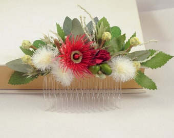 Eucalyptus wildflower hair comb, Red flower headpiece, Australian natives comb, Wedding bridal hair piece, Artificial floral leaf hair piece