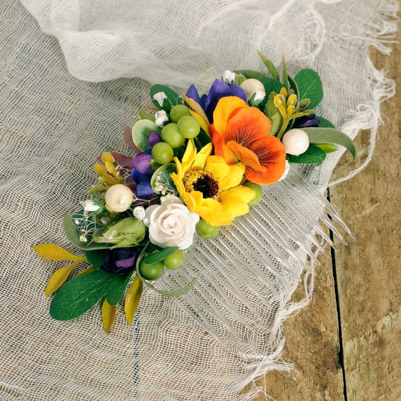 Bridal flower comb Wildflower headpiece Floral country wedding hair piece Rustic wedding yellow sunflower hair comb