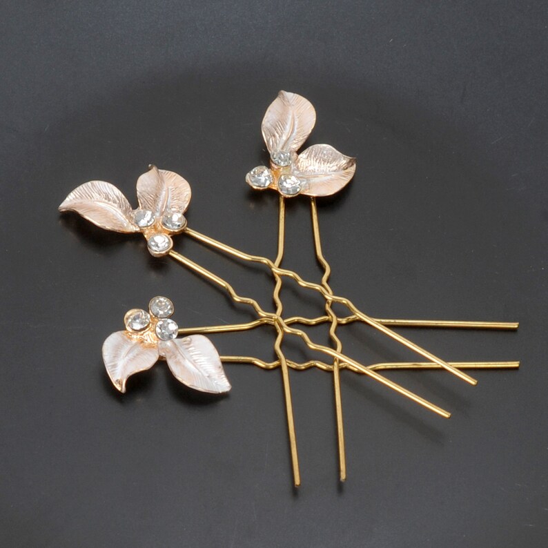 Bridal hair pins, Minimalist wedding hair pieces, Chic leaf hairpins, Rhinestone gold hair jewellery, Floral bobby pins, Bridesmaid headwear image 2