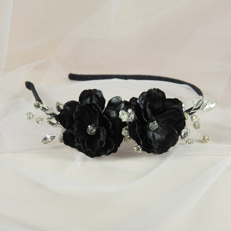 Black flower headband, Gothic bridal hair piece, Bridesmaid headpiece, Wedding tiara crown, Halloween party hairpiece, Head piece for bride image 6