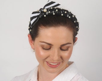 Black and white fashion headband, Bow head piece, Pearl bridesmaid headband, Formal party headpiece, Wedding hair piece, Race day fascinator