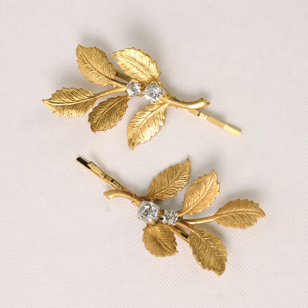 Gold leaf hair pin set Rhinestone hair pins Wedding bridal Etsy