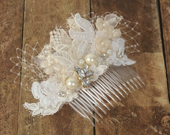 White lace pearl beaded bridal hair comb, Wedding headpiece - ceremony reception elopement, Floral lacy veil alternative, Handmade haircomb