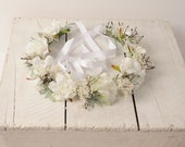 White wedding flower crown, Bridal hair piece, Floral head piece, Woodland circlet headpiece, Romantic ribbon tie leaf babys breath crown