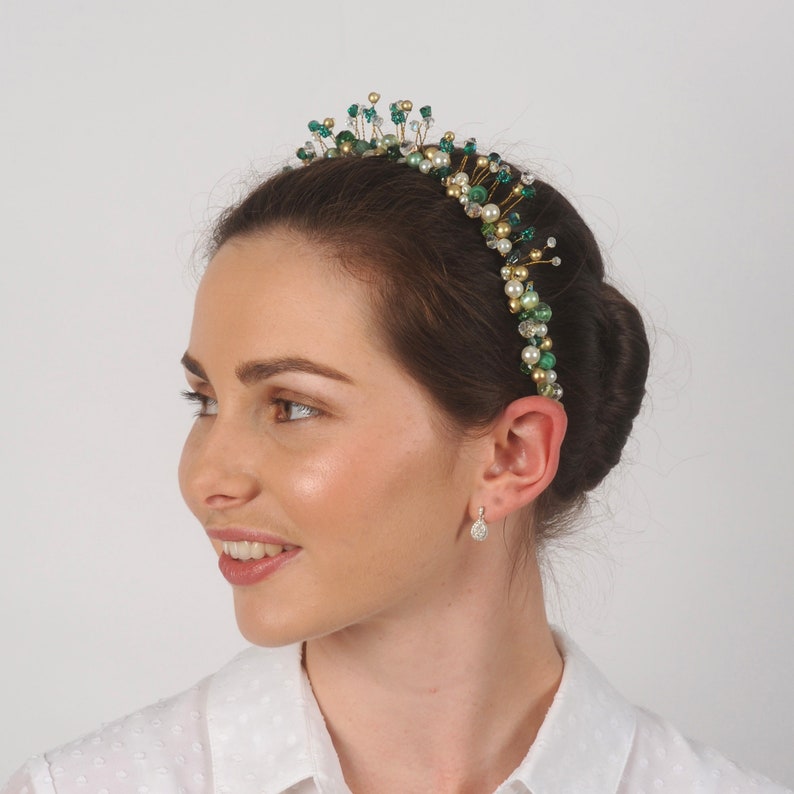 Green crystal headband, Beaded bridal tiara, Wedding hair jewellery, Emerald green goddess headpiece, Reign pearl renaissance bridal crown image 1
